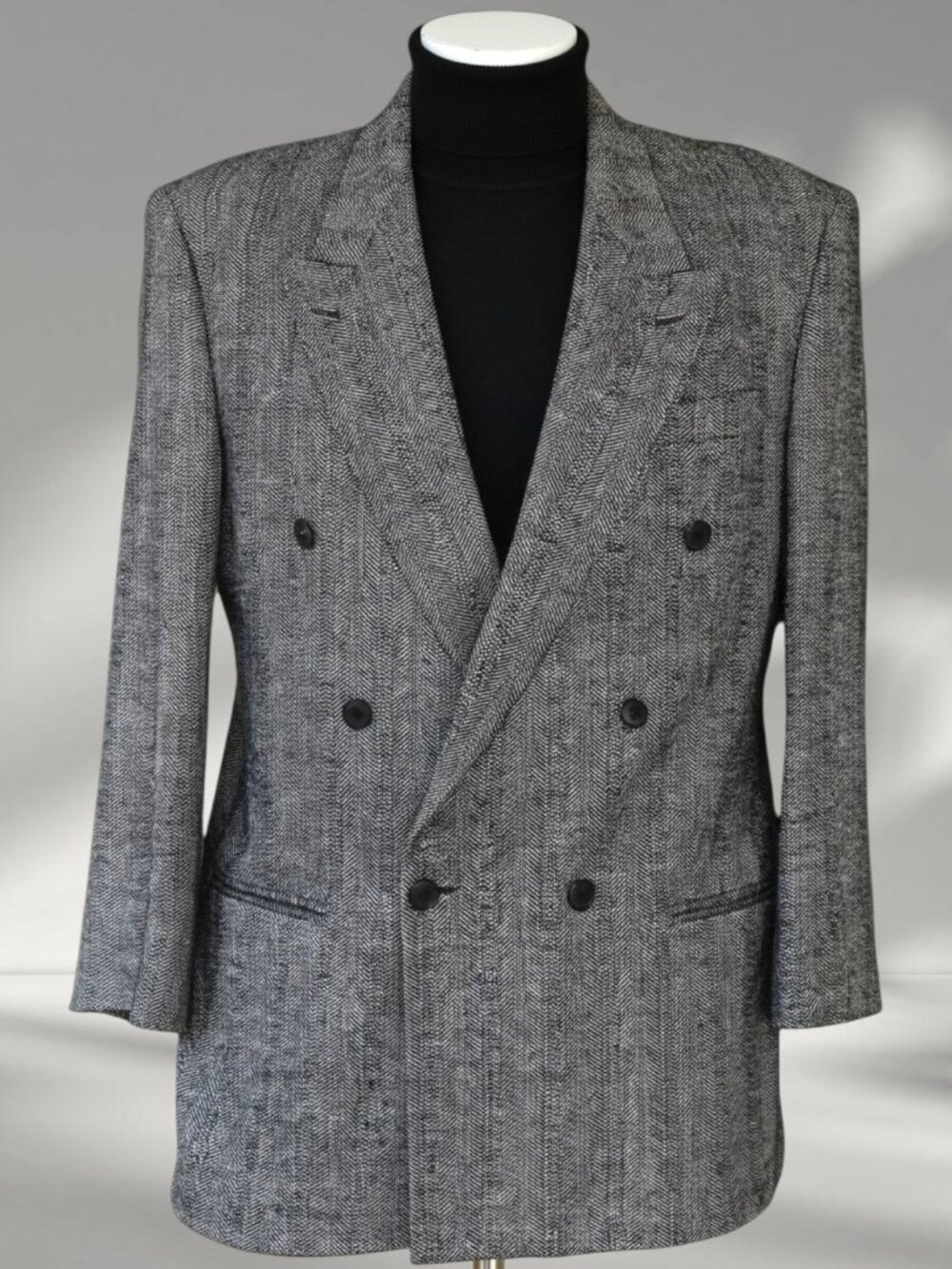 Vintage Mens 100% Silk Herringbone Double Breasted Black Ivory Blazer Cellini